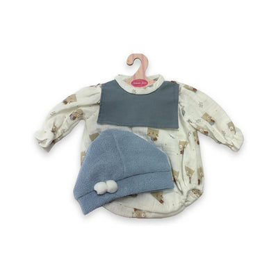 Conjunto Pelele Búhos Babero y Gorro Azul 42cm - Ropa Muñeca Antonio Juan (91042-99)