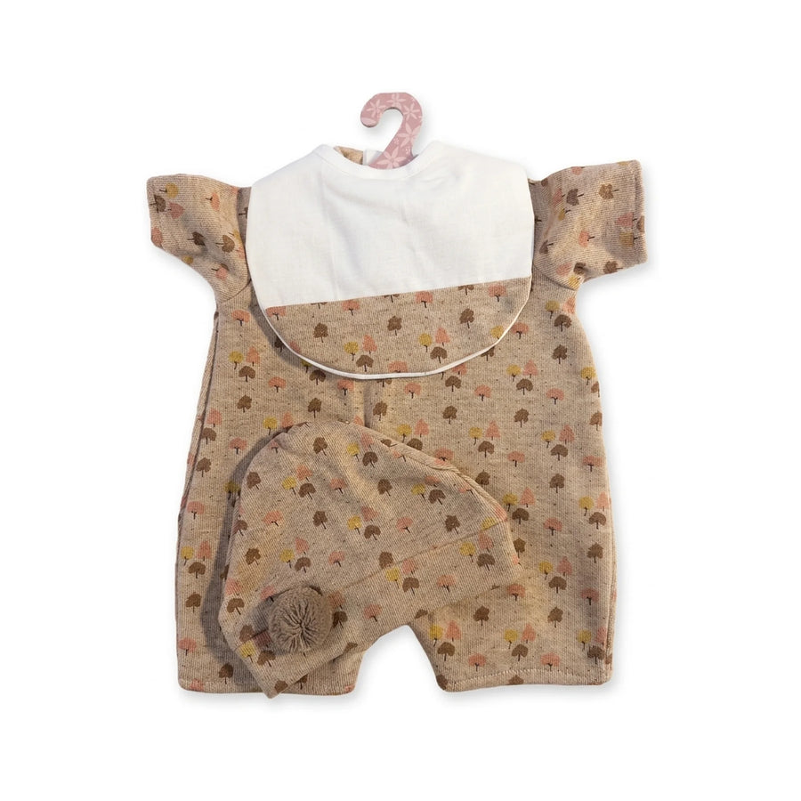 Conjunto de pelele beige de arbolitos, babero y gorro para muñeca de 52 cm (91152-52)