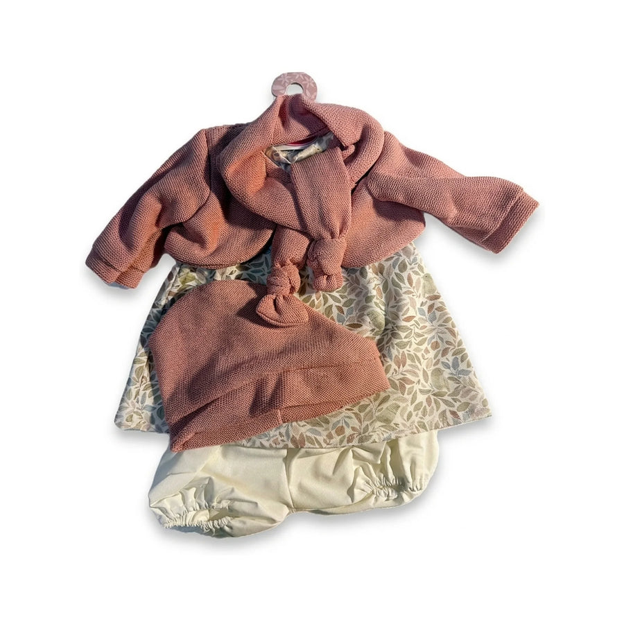 Conjunto de vestido estampado, chaqueta rosa, gorro y braguita para muñeca de 52 cm (91152-53)