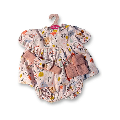 Conjunto de vestido y braguita rosa floral con diadema y patucos para muñeca para muñeca de 52 cm Antonio Juan (MAJ-91152-64)