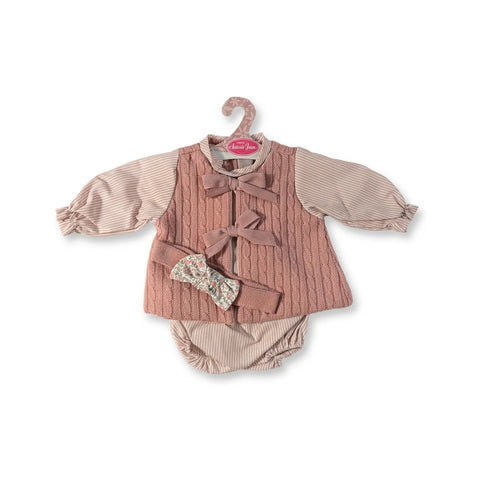 Conjunto de muñeca compuesto por chaqueta rosa de punto, braguita de rayas y diadema con lazo para muñeca de 52 cm Antonio Juan (MAJ-91152-65)