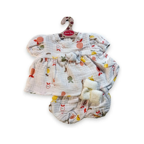 Conjunto de vestido blanco con estampado de frutas, braguita a juego y patucos para muñeca para muñeca de 52 cm Antonio Juan (MAJ-91152-66)