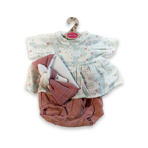 Conjunto de vestido estampado de ovejas con braguita rosa y diadema con lazo para muñeca para muñeca de 52 cm Antonio Juan (MAJ-91152-70)
