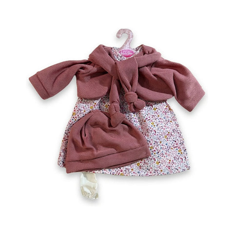 Conjunto de ropa para muñeca con vestido floral, chaqueta y gorro de punto rosa empolvado y braguita cruda para muñeca de 52 cm Antonio Juan (MAJ-91152-73)
