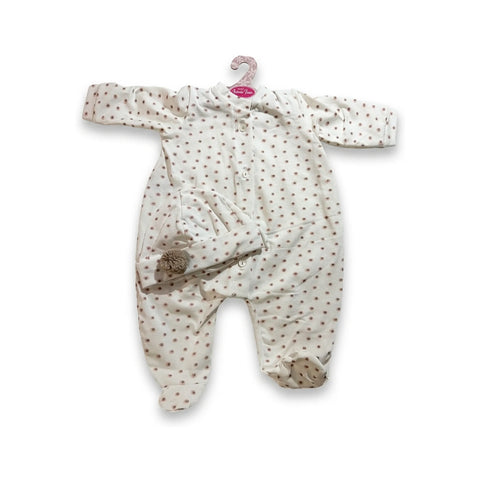 Pelele blanco con topitos marrones y gorro con pompón para muñeca para muñeca de 52 cm Antonio Juan (MAJ-91152-74)