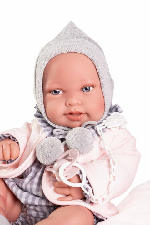Muñeca Pipa 42 cm con colcha rosa y vinilo

