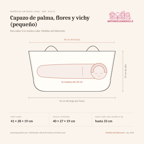 Infografía: el Capazo de palma, flores y vichy (pequeño) de Muñecas Antonio Juan (ref. 92319) dibujado a escala, con 41 × 28 × 19 cm por fuera y 40 × 27 × 19 cm de hueco interior; dentro cabe una muñeca de hasta 33 cm