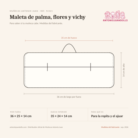 Infografía: el Maleta de palma, flores y vichy de Muñecas Antonio Juan (ref. 92321) dibujado a escala, con 36 × 25 × 14 cm por fuera y 35 × 24 × 14 cm de hueco interior