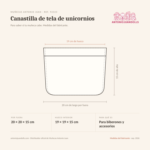 Infografía: el Canastilla de tela de unicornios de Muñecas Antonio Juan (ref. 92323) dibujado a escala, con 20 × 20 × 15 cm por fuera y 19 × 19 × 15 cm de hueco interior