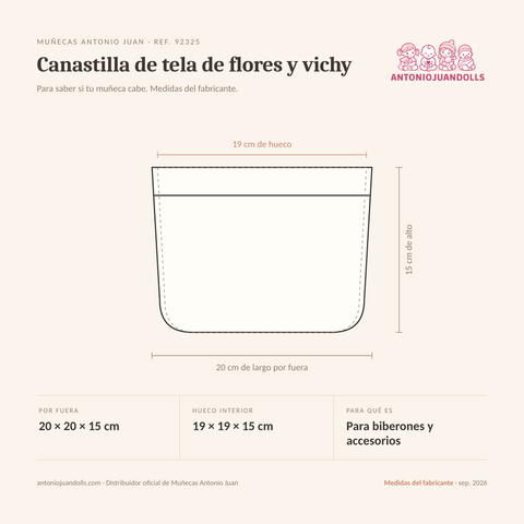 Infografía: el Canastilla de tela de flores y vichy de Muñecas Antonio Juan (ref. 92325) dibujado a escala, con 20 × 20 × 15 cm por fuera y 19 × 19 × 15 cm de hueco interior