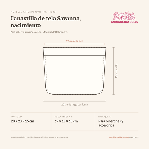 Infografía: el Canastilla de tela Savanna, nacimiento de Muñecas Antonio Juan (ref. 92335) dibujado a escala, con 20 × 20 × 15 cm por fuera y 19 × 19 × 15 cm de hueco interior