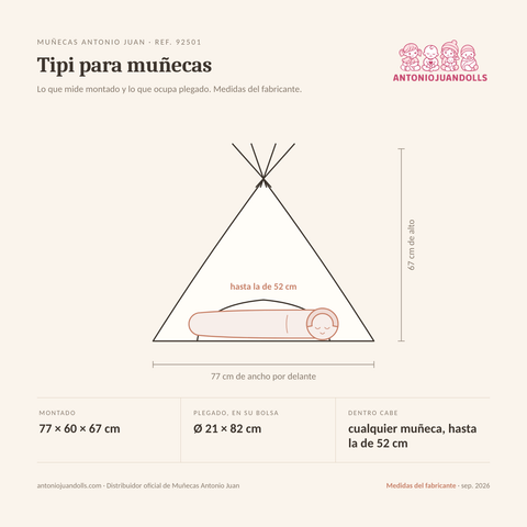 Infografía: el Tipi para muñecas de Muñecas Antonio Juan (ref. 92501) dibujado a escala, con 77 cm de ancho por delante, 60 de fondo y 67 de alto montado, y Ø 21 × 82 cm plegado en su bolsa; dentro cabe cualquier muñeca de la marca, incluida la de 52 cm