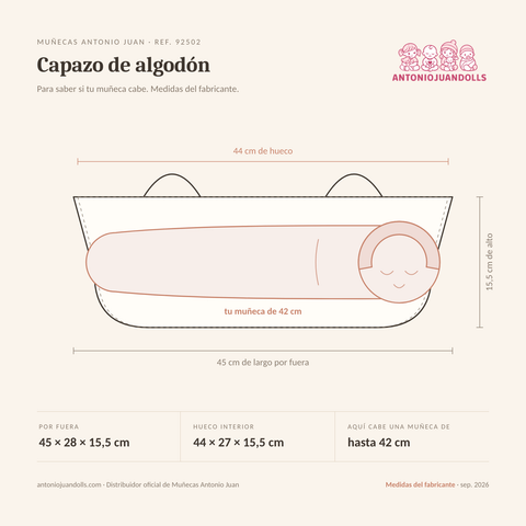 Infografía: el Capazo de algodón de Muñecas Antonio Juan (ref. 92502) dibujado a escala, con 45 × 28 × 15,5 cm por fuera y 44 × 27 × 15,5 cm de hueco interior; dentro cabe una muñeca de hasta 42 cm